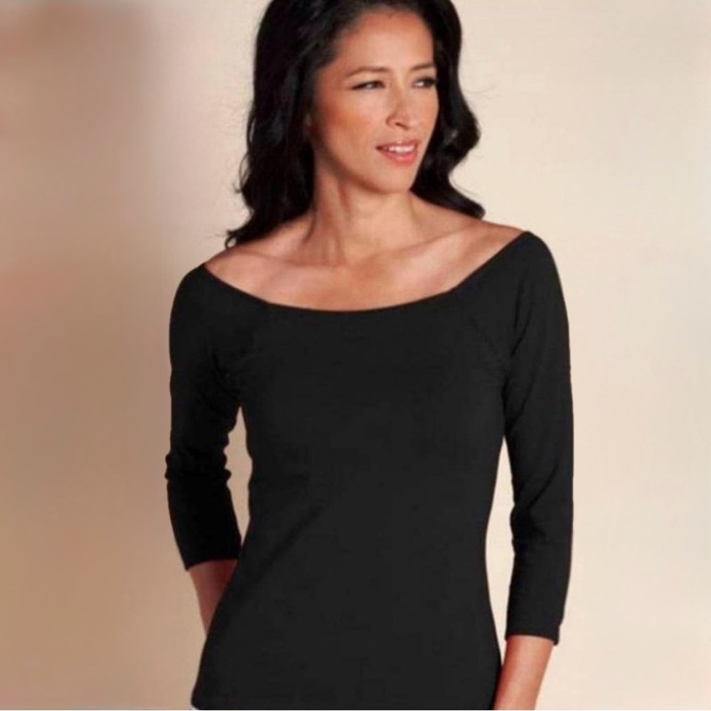 Soft Surrounding Built-In Bra Top Womens 36B Black 3/4 Sleeve Boat Neck Pullover